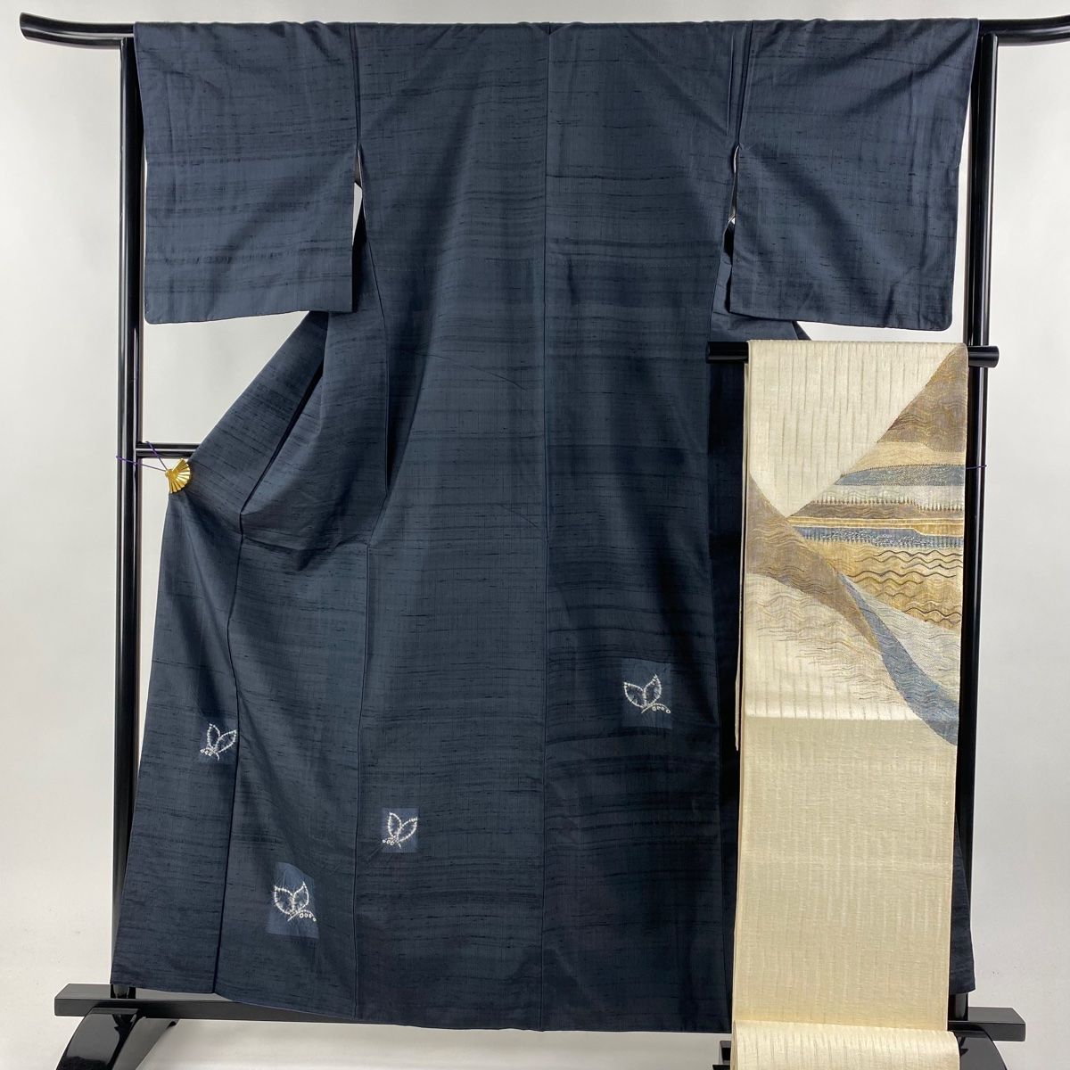 付下げ 身丈161cm 裄丈65cm M 袷 袋帯セット 紬地 蝶 濃紺 正絹 美品  