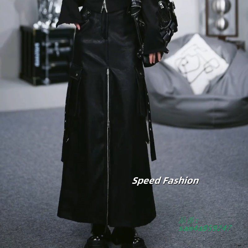 ハイウエスト スリム レザースカート レディース ロングスカート ファスナーフェイクレザースカート シンプル am4a859247