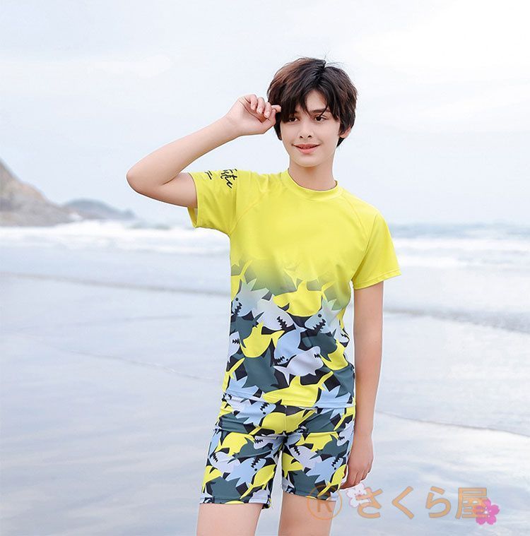 【大得価，新品】 ジュニア 水着 男の子 セパレート 半袖 キャップ付き 点セット 日やけ防止 水着 キッズ 子供 ショートパンツ ダイビング リゾート 学生用 プール 紫外線対策HZQ109 スクール水着