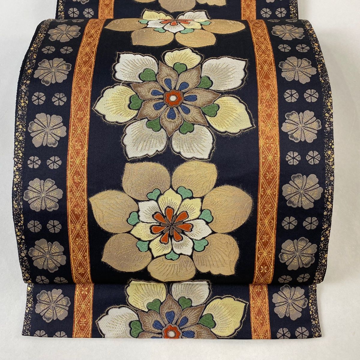 袋帯 名品 となみ織物 落款 縞 花 箔 唐織 墨色 六通 正絹