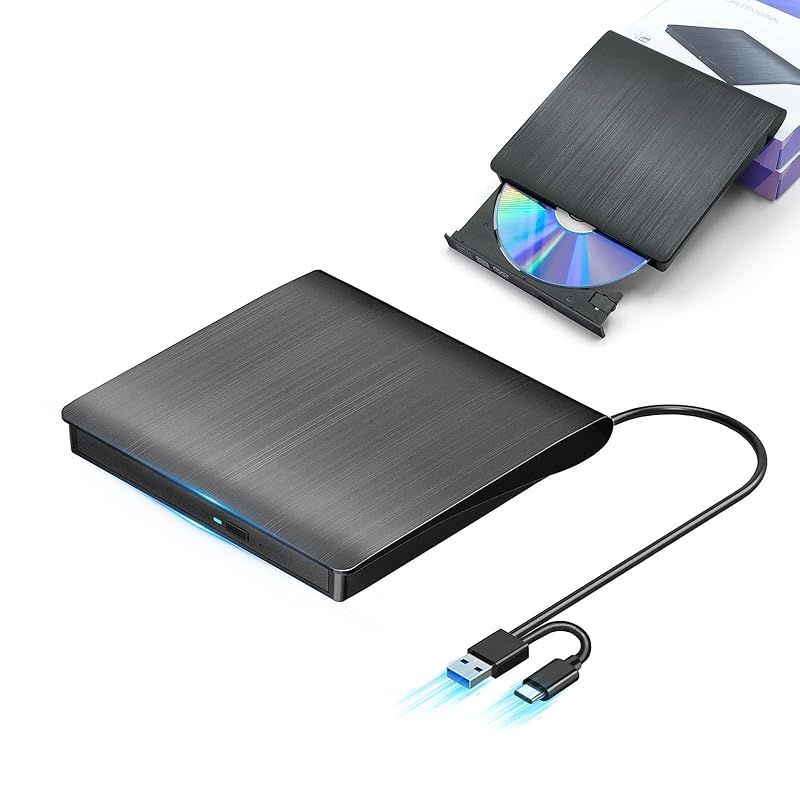 外付けDVDドライブ 高速処理 8XDVDu0026 24XCD 光学ドライブ外付け 読取/書込可 バスパワー USB 2.0/3.0u0026Type-C両接続 外付けCDドライブ (ブラック)