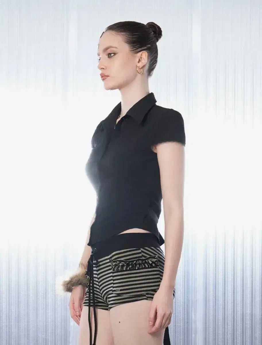 ヒール レーシー ボー シャツ ブラック s