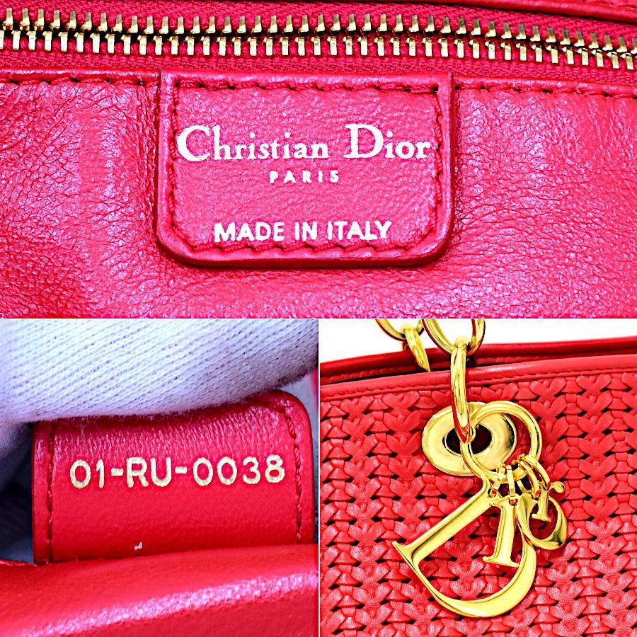 【中古】クリスチャンディオール トートバッグ チェーンバッグ 編み込み レザー レッド Christian Dior