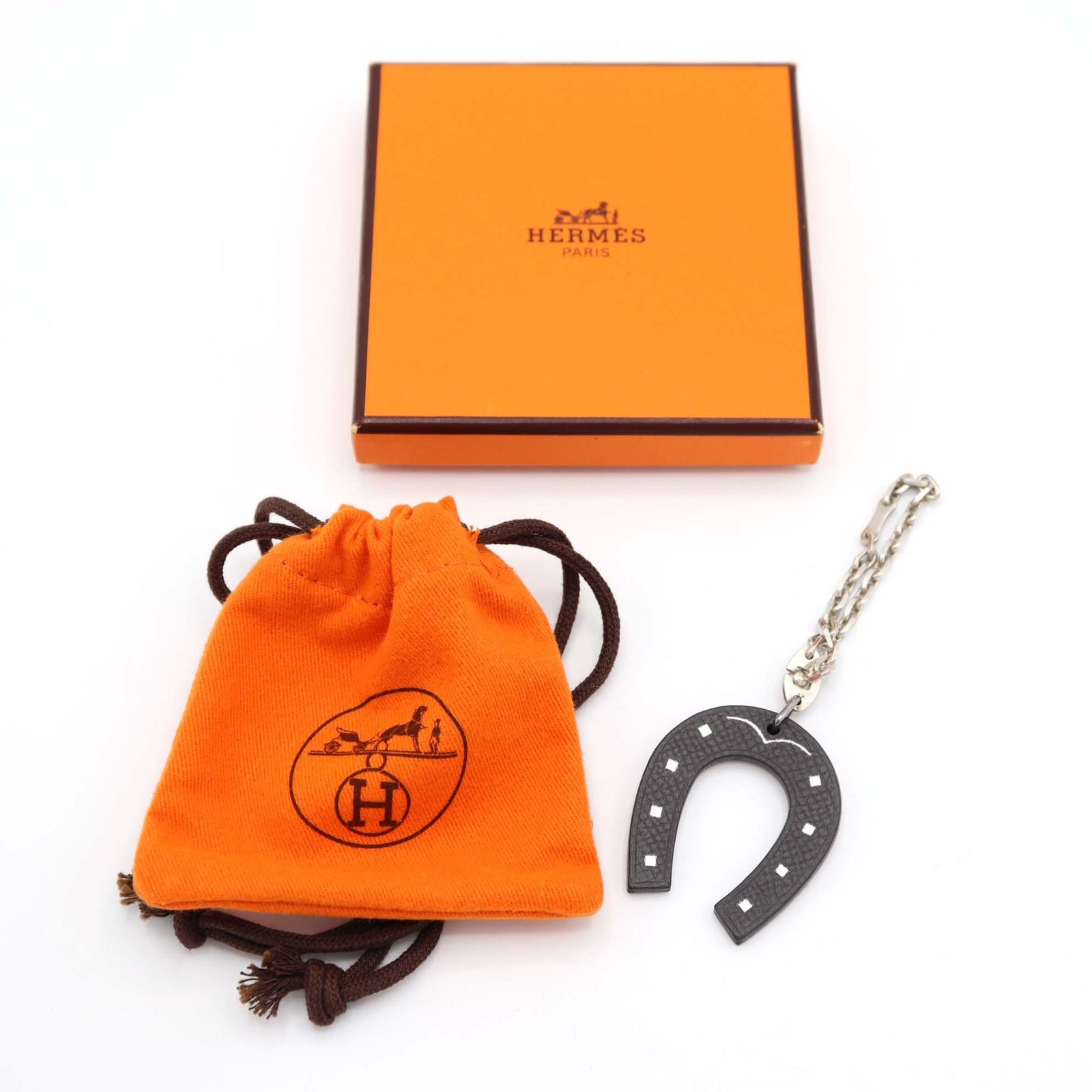 HERMES エルメス バッグチャーム 馬蹄 レザー シルバー 925 オレンジ 