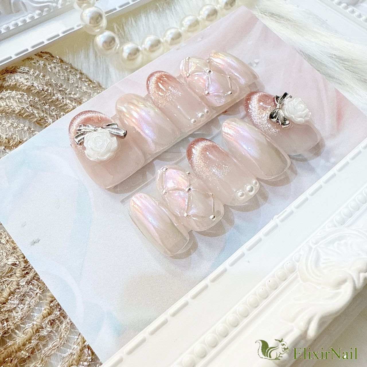 オーダー】ネイルチップ ワンホン韓国 キルティング キラキラ リボン