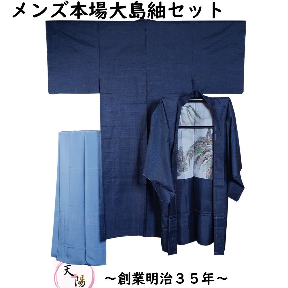 男着物 本場大島紬 アンサンブル 着物・羽織・長襦袢 3点 セット 総亀甲模様 Mサイズ 証紙付き 藍染 大島紬 【送料無料 男着物 中古 紬 大島紬 大島 紬 正絹 メンズ 着物 メンズ着物 アウトレ