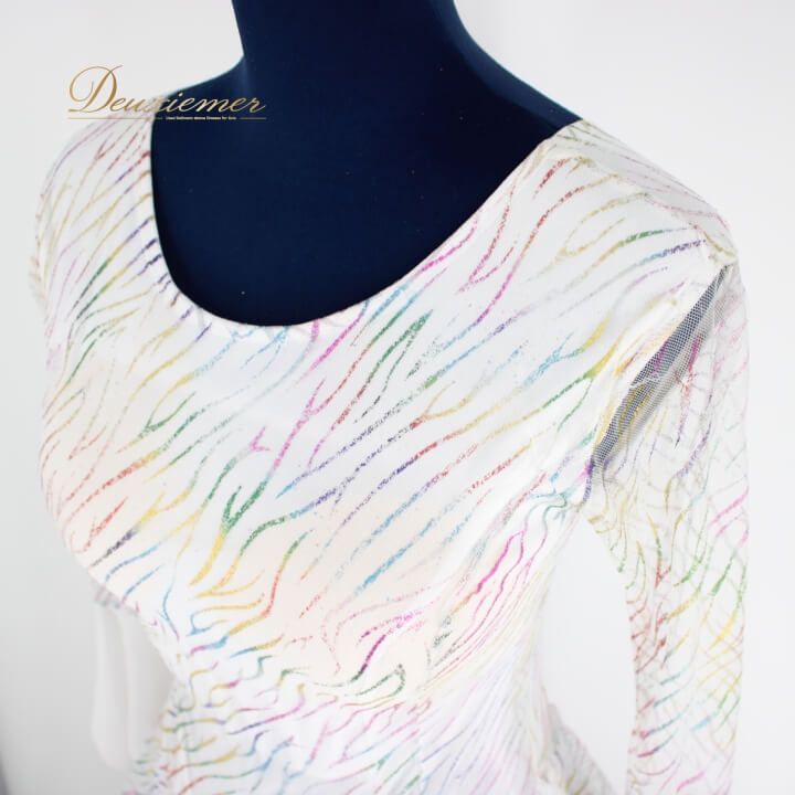 社交ダンス 衣装 スタンダード ドレス ワンピース レッスンウェア レディース オールシーズン ホワイト系 ICHIOKU イチオク 白 カラフル 長袖 チョーカー カラフル模様 フェミニン おしゃれ 鮮やか エレガント ダンスウェア