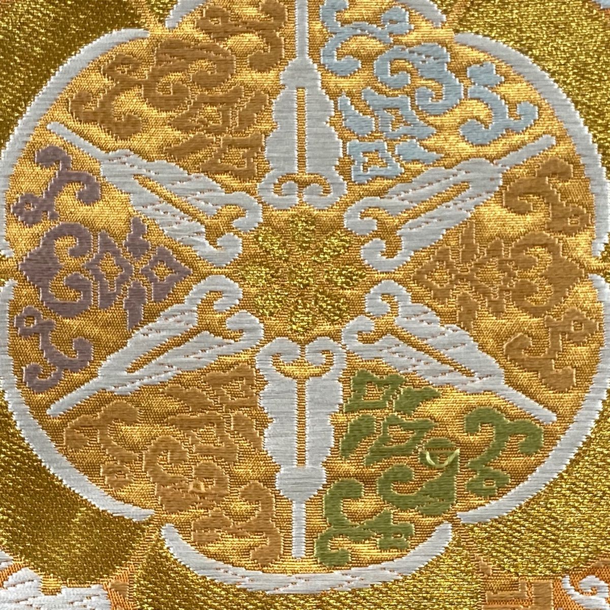 袋帯 秀品 落款 本家加納 華文 花菱 唐織 金糸 オレンジ 六通 正絹