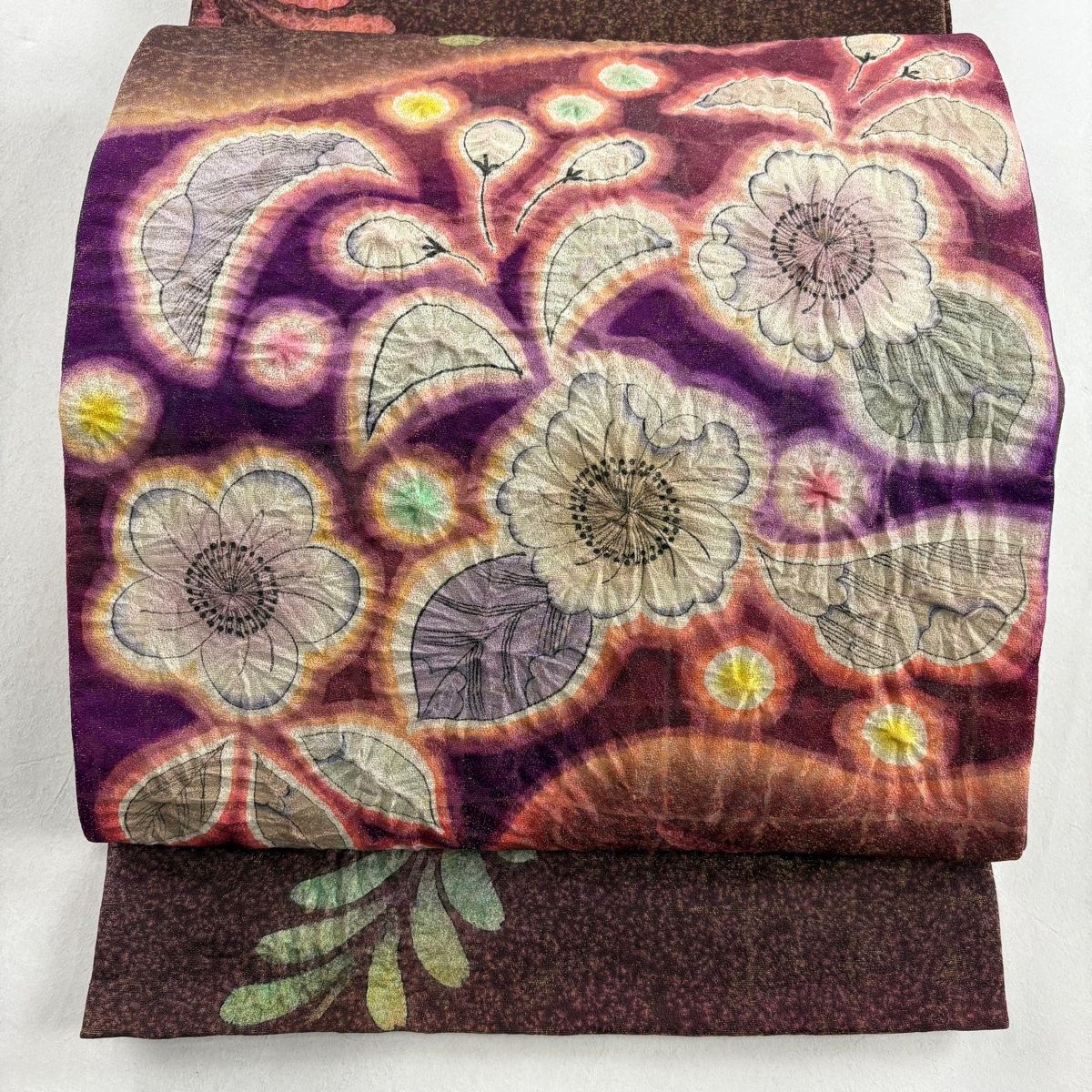 袋帯 美品 名品 落款 辻が花 金糸 赤紫 お太鼓柄 正絹 【中古