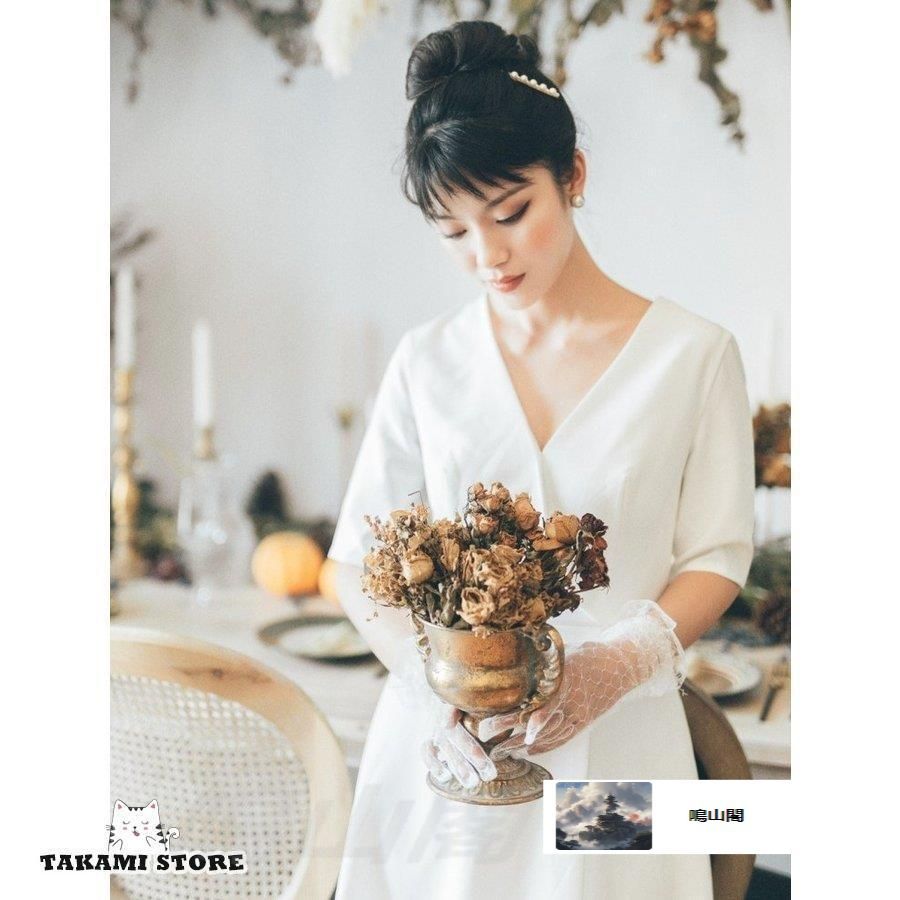 ウエディングドレス 二次会 花嫁 大きいサイズ 小さいサイズ ミモレ丈 スレンダーライン エンパイアライン 五分袖 袖あり Vネック ハイウエWP数量 価格926