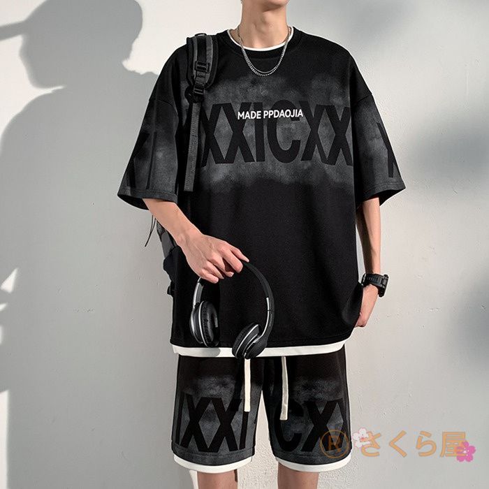 メンズ 上下セット メンズ プリント セットアップ 夏服 シャツ レイヤード風 ハーフパンツ カジュアル 夏 おしゃれ ジャージ 半袖 重ね着風HZQ1243
