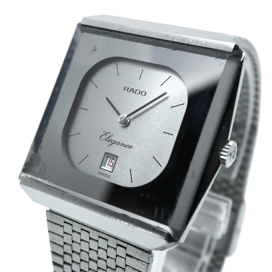 稼働品 RADO Elegance ラドー エレガンス 腕時計 自動巻き シルバー文字盤 スクエア デイト表示 メンズ レディース ユニセックス ヴィンテージ アナログ ドレスウォッチ アンティーク クラシック メッシュブレス G4