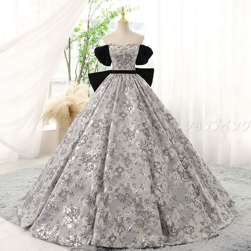 イブニングドレス ロングドレス 黒 ベロア ベルベット パフスリーブ 発表会ドレス Aライン 光沢感 花柄 プリンセスドレス オシャレ パーティードレス ブラック お呼ばれドレス 結婚式ドレス