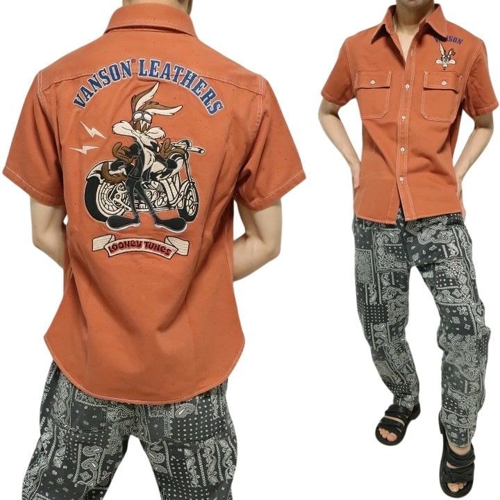VANSON ネップ|デニム半袖シャツ バンソン ルーニー テューンズ|ルーニーテューンズ 厚手 コヨーテ|ライダー| キャラクター ワーナー LTV-2507 刺繍 LOONEY TUNES ヴァンソン オレンジ サイズM|サイズL|サイズXL|サイズXXL