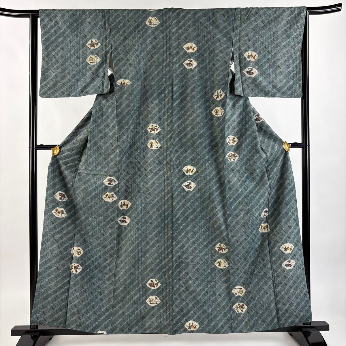 小紋 身丈159cm 裄丈64cm M 袷 紬地 扇面 糸巻き 灰緑 正絹