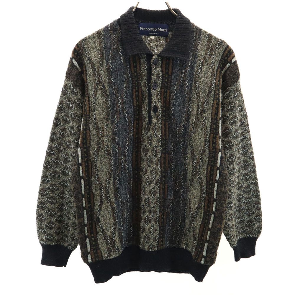 Francesco Morri 90s イタリア製 ウールブレンド オールド 総柄 長袖 ニット ポロシャツ M ブラウン系 Francesco Morri メンズ