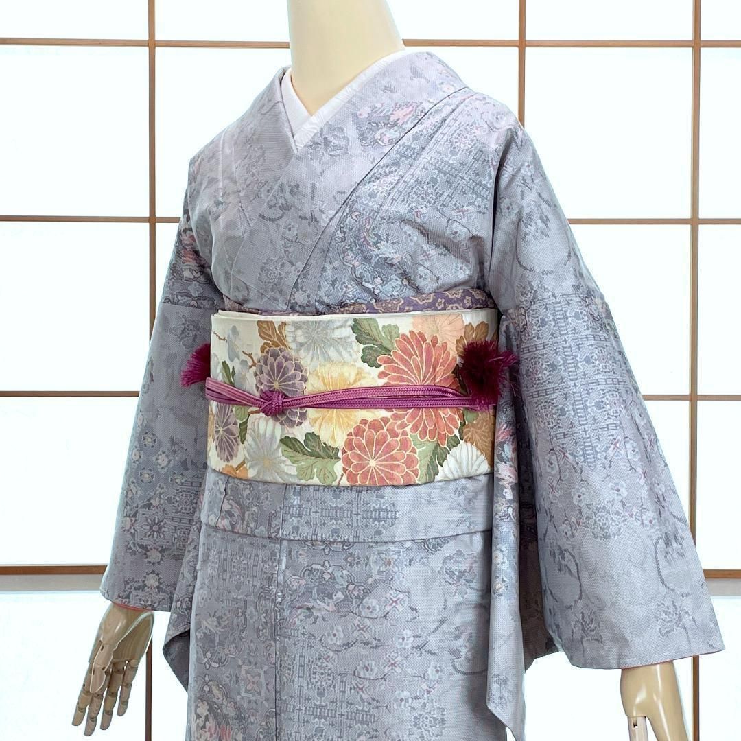 本場大島紬 着物 袷 正絹 更紗紋 グレー 藤絹織物謹製 kimonolove 新古品 オゾン消臭サービス A-1629