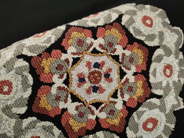 平和屋着物○爪掻き本綴れ 八寸名古屋帯 正倉院花文 黒地 金銀糸 正絹