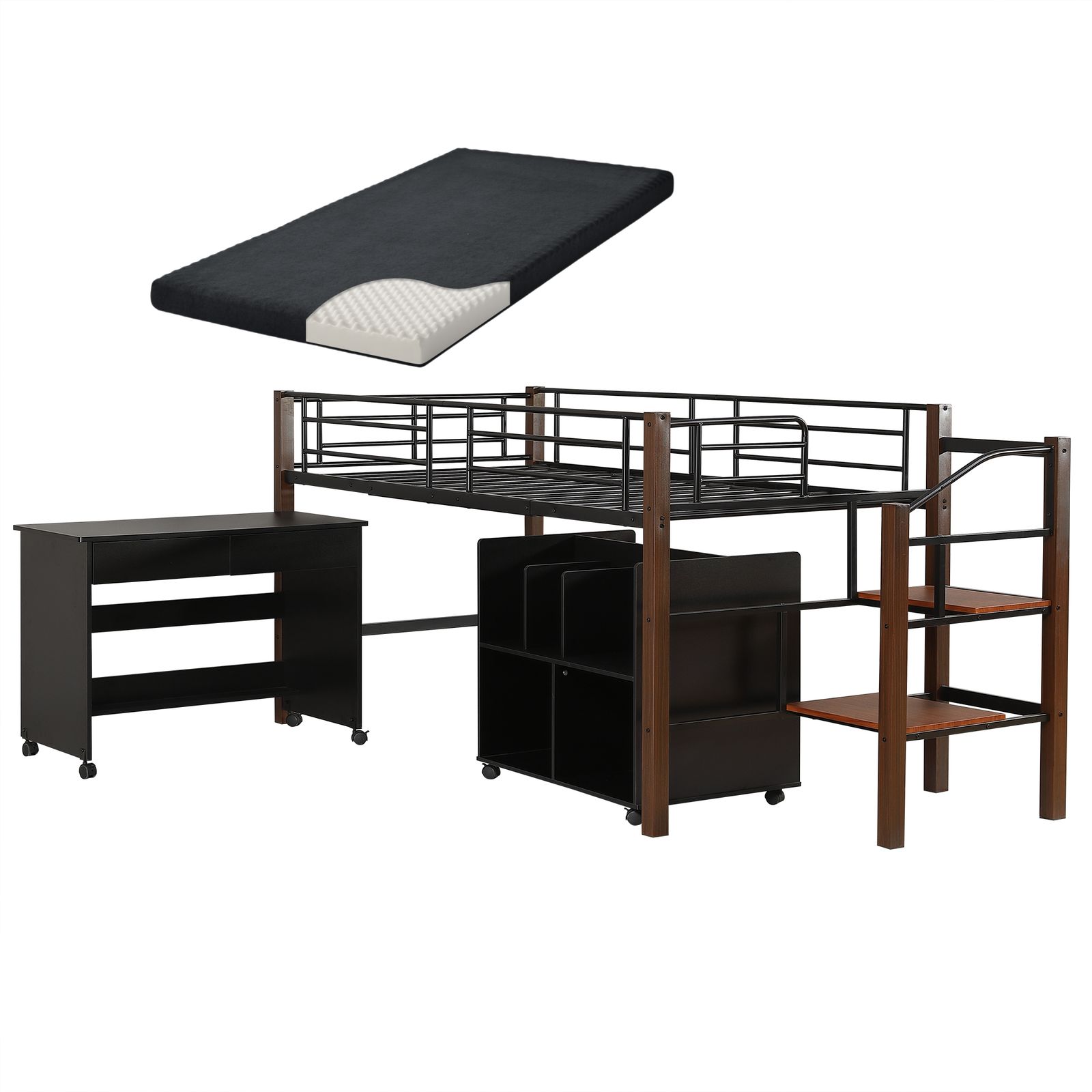 マット付き ロフトベッド パイプベッド シングル 耐荷重150kg 高さ109m ハイベッド ロフトベッドロータイプ 棚 収納 北欧風 大人 一人暮らし 子供部屋 送料無料 スチール 耐震 ベッド シングル