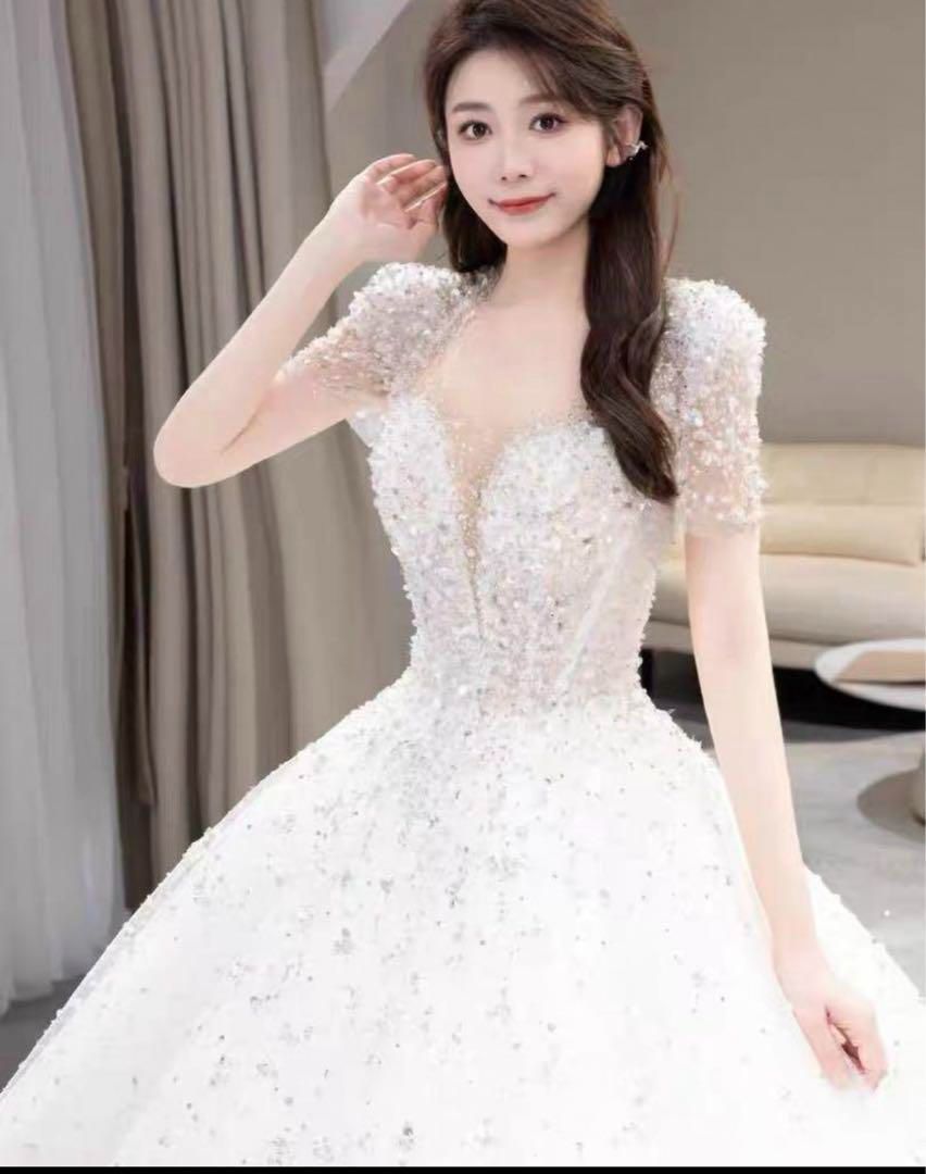 ウェディングドレス オフショルダー レース ラインストーン 素敵 キレイめ トレーンドレス 花嫁 結婚式 Aライン ロングドレス 白 ホワイト 二次会 ウェディングドレス プリンセス☆B154☆ラインストーン