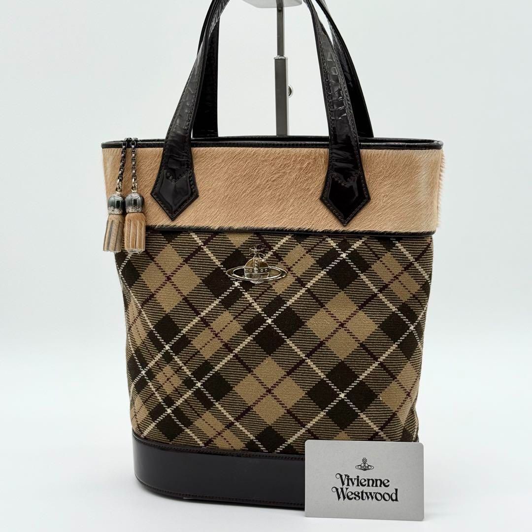 【良品】Vivienne ハラコ タータンチェック トートバッグ ブラウン 良品】Vivienne ハラコ タータンチェック トートバッグ ブラウン