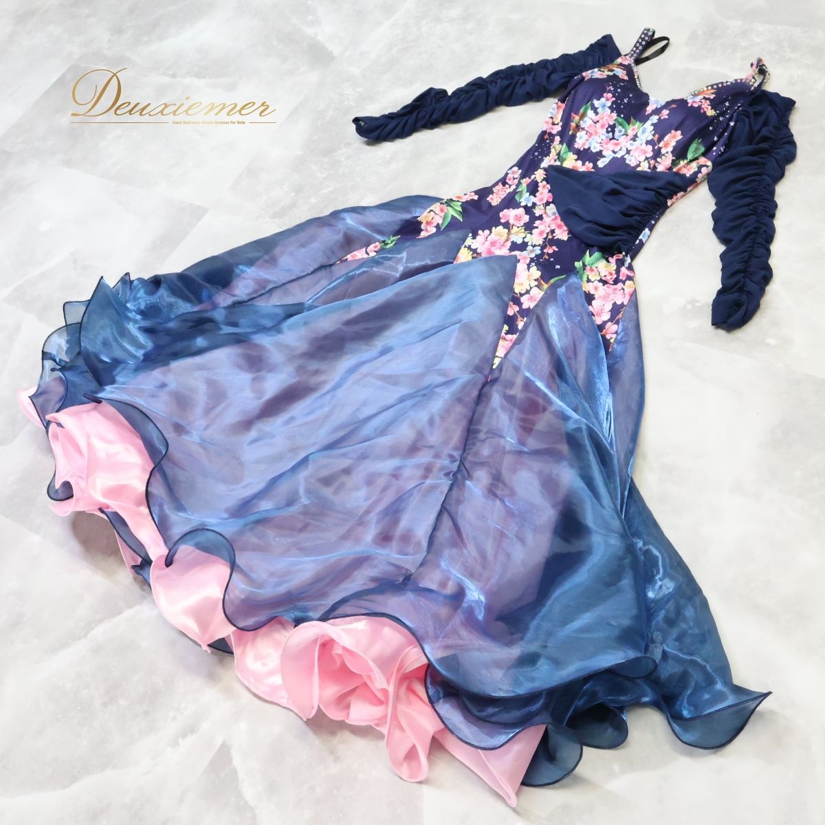 【美品 社交ダンス衣装】ネイビー×花柄 ワンピース ドレス 紺 フリル レース 社交ダンス 衣装 スタンダードドレス ワンピース スタンダード