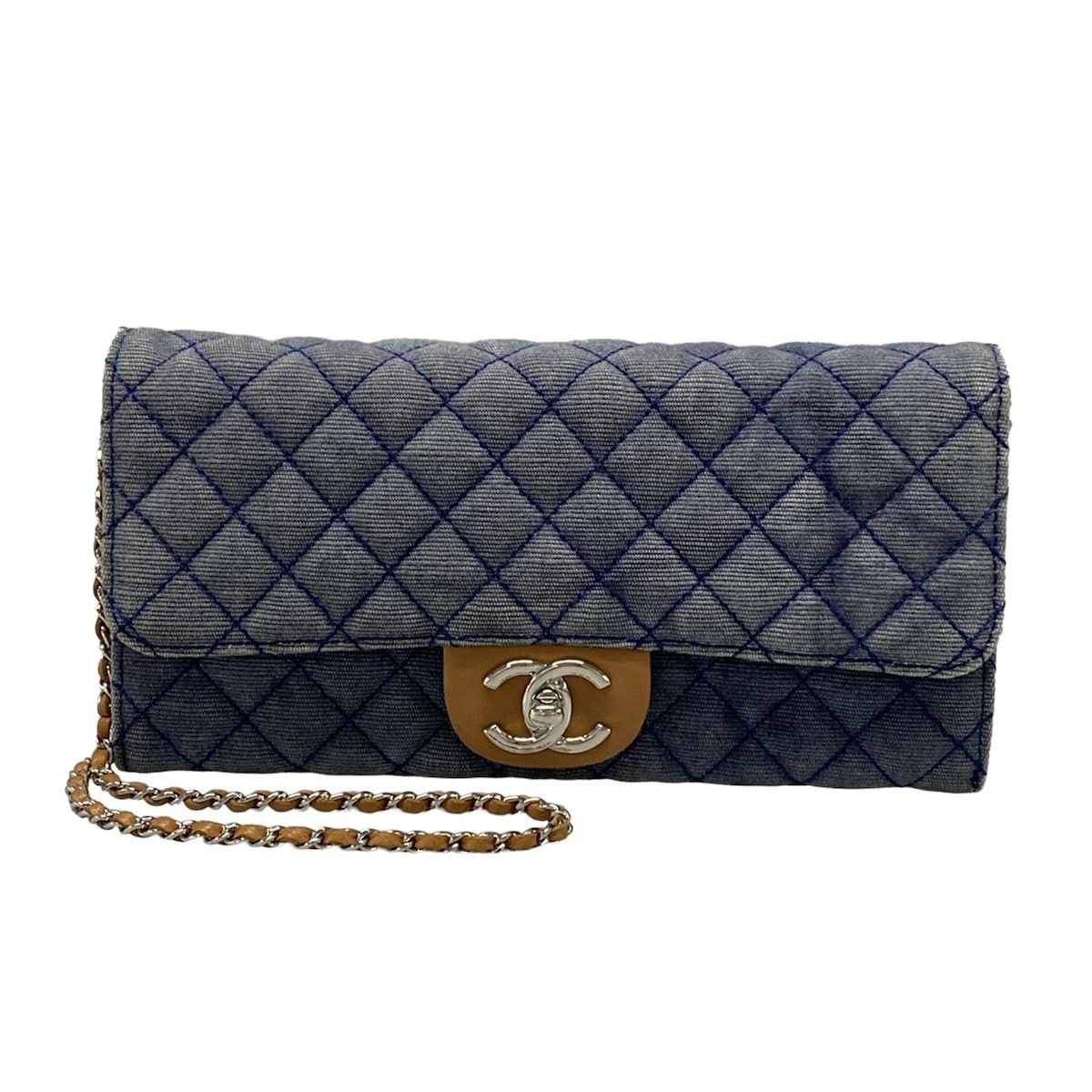 CHANEL シャネル 財布 マトラッセ ブルー×ライトブラウン チェーンウォレット|シルバー金具 ラムスキン