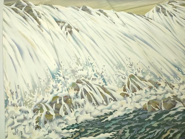 平和屋本店□極上 十日町友禅作家 林静穂 訪問着 滝 暈し染め 薄鼠色地