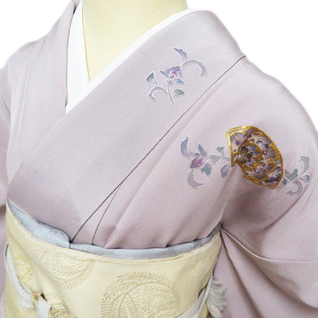 訪問着 着物 正絹 袷 汕頭刺繍 スワトウ 花の図 地紙 暈し 淡紅藤色 多色 金 身丈159cm 裄64.5cm M きもの北條 A1289-6