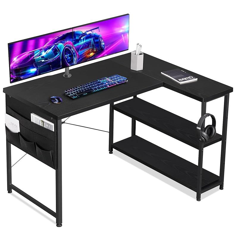 YeTom ゲーミングデスク l字デスク pcデスク 右棚左棚 幅107cm ゲーミングテーブル gaming desk 収納袋付きオフィスデスク ゲームデスク ゲーミング机 ??? つくえ ライティングデスク 黑い 0