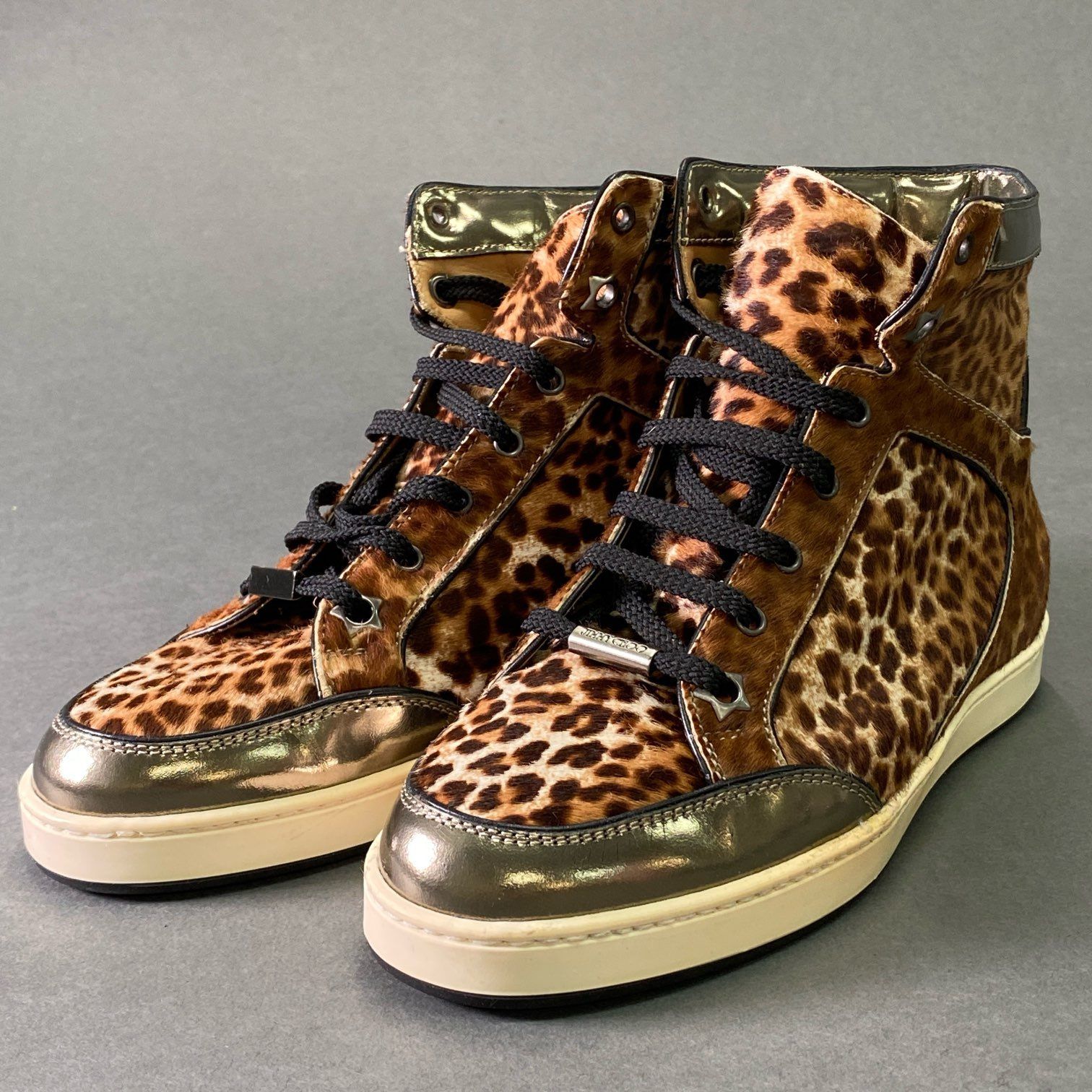 3e5 JIMMY CHOO ジミーチュウ ハラコ レオパード ハイカットスニーカー 35 1|2 ブラウン レザー シューズ イタリア製