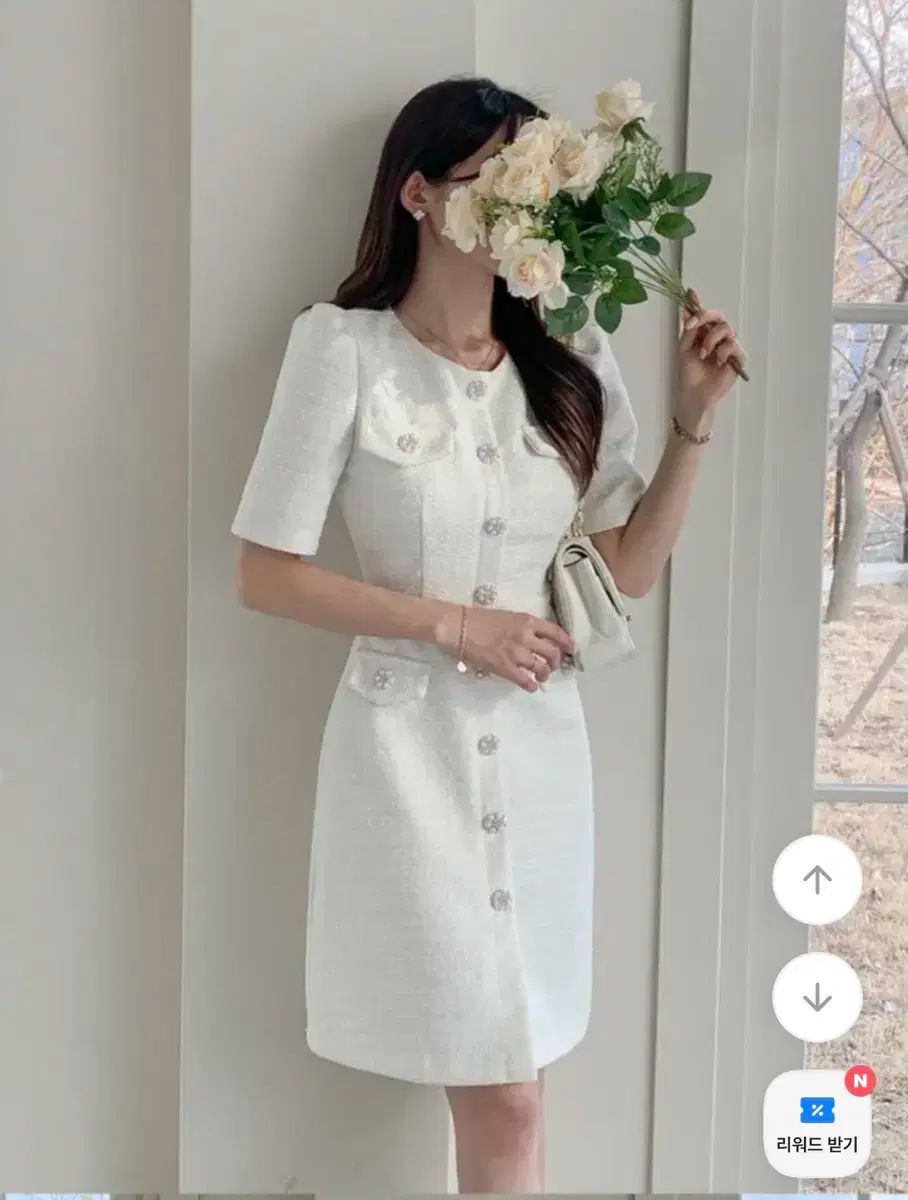 S ラウンドネック パフ 袖 ツイード 5 富 ミディ パール ボタン キュービック ワンピース