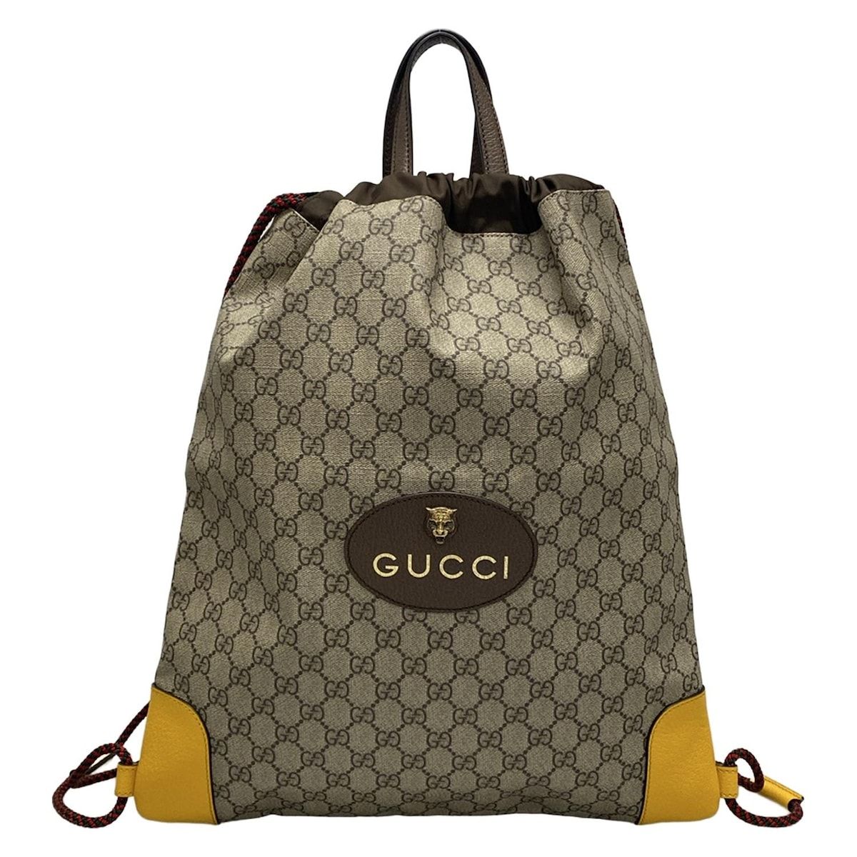 GUCCI グッチ リュックサック GGスプリームドローストリングバックパック 473872 ダークブラウン×ベージュ×イエロー レザー