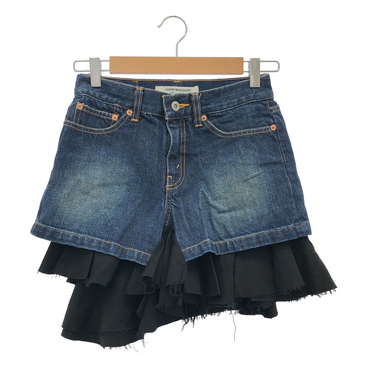 JUNYA WATANABE COMME des GARCONS | ジュンヤワタナベ | 2007AW | 異素材 切替 再構築 ドッキング レザーパッチ カットオフ デニム スカート | SS | インディゴ|ブラック | レディース