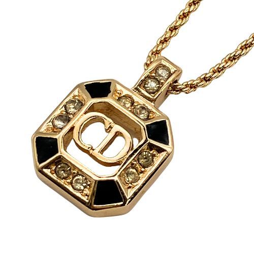 クリスチャンディオール スクエア ラインストーン ネックレス ゴールドカラー 中古】Christian Dior クリスチャンディオール ネックレス