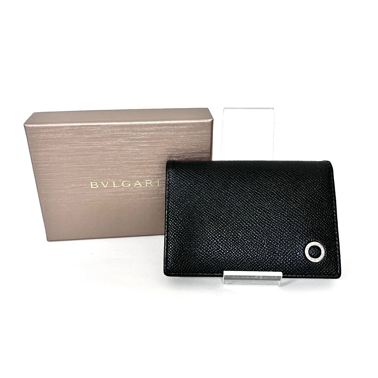 SD2895 ♥ BVLGARI ブルガリ レザー カードケース 名刺入れ 30400 サークルリングロゴ マチ付き ブラック メンズ 金具シルバー