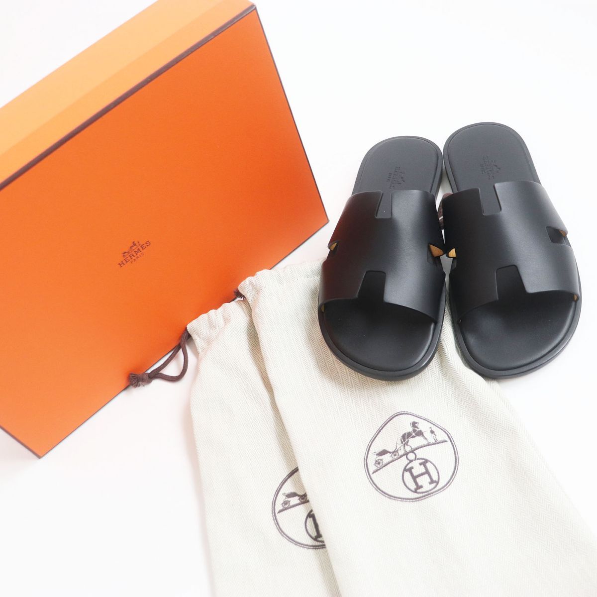 未使用品□HERMES/エルメス イズミール Hロゴ レザー スライドサンダル 