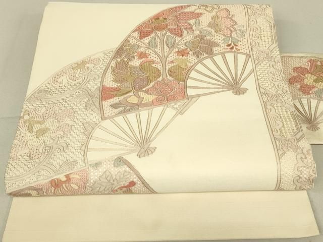 正絹　名古屋帯　白　美品　スワトウ刺繍 平和屋着物◎中国三大刺繍 スワトウ刺繍 汕頭刺繍 総刺繍 九寸