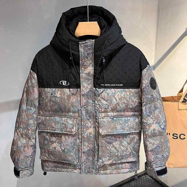 秋冬 コーデ メンズ 服 シンプル ファッション オシャレ 大人 かっこいい 大きいサイズ ストリート 紳士服 フード付き ダウン ジャケット カラーステッチ 厚手 暖かい 迷彩