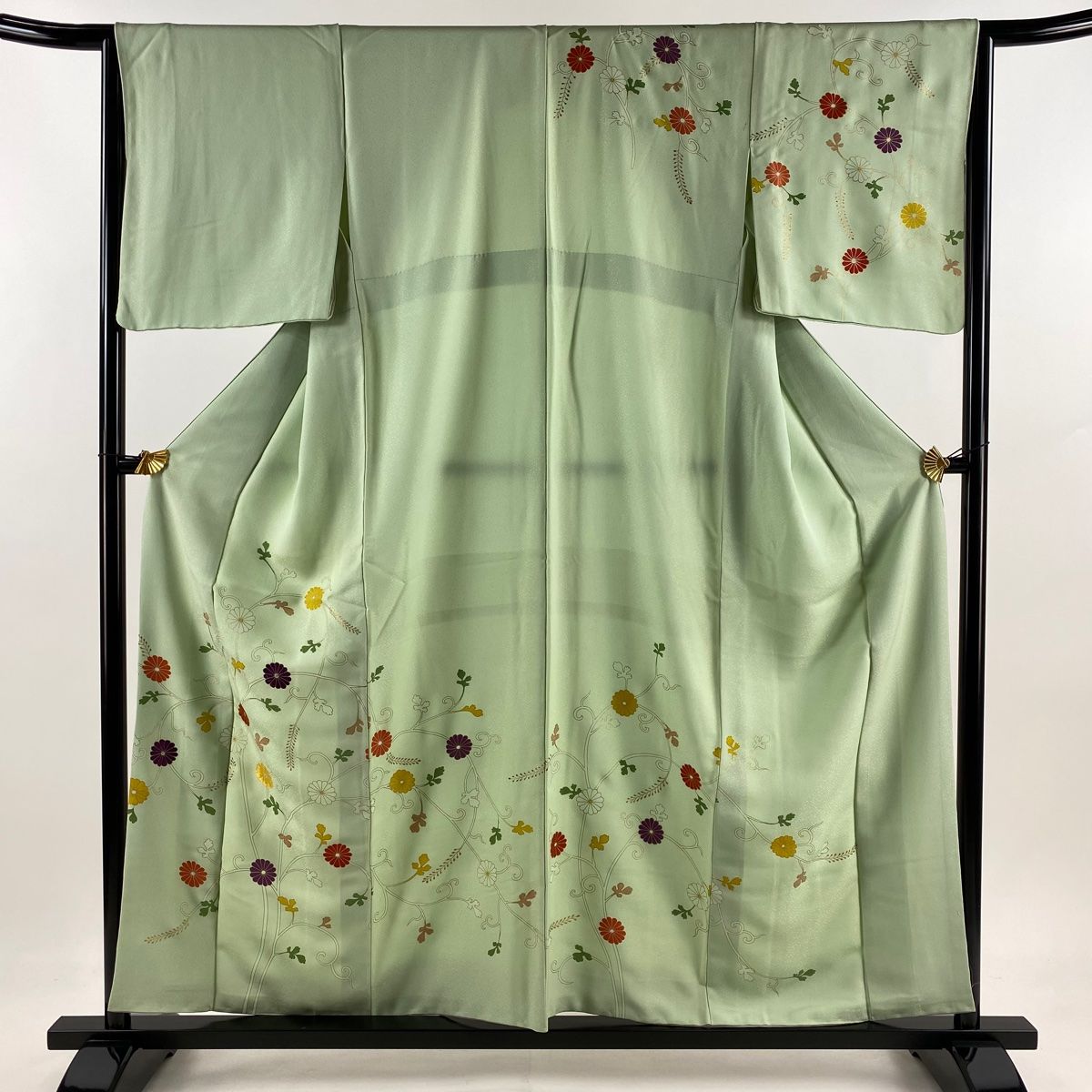 訪問着 身丈156cm 裄丈63.5cm S 袷 菊唐草 刺繍 金彩 薄緑 正絹 秀品
