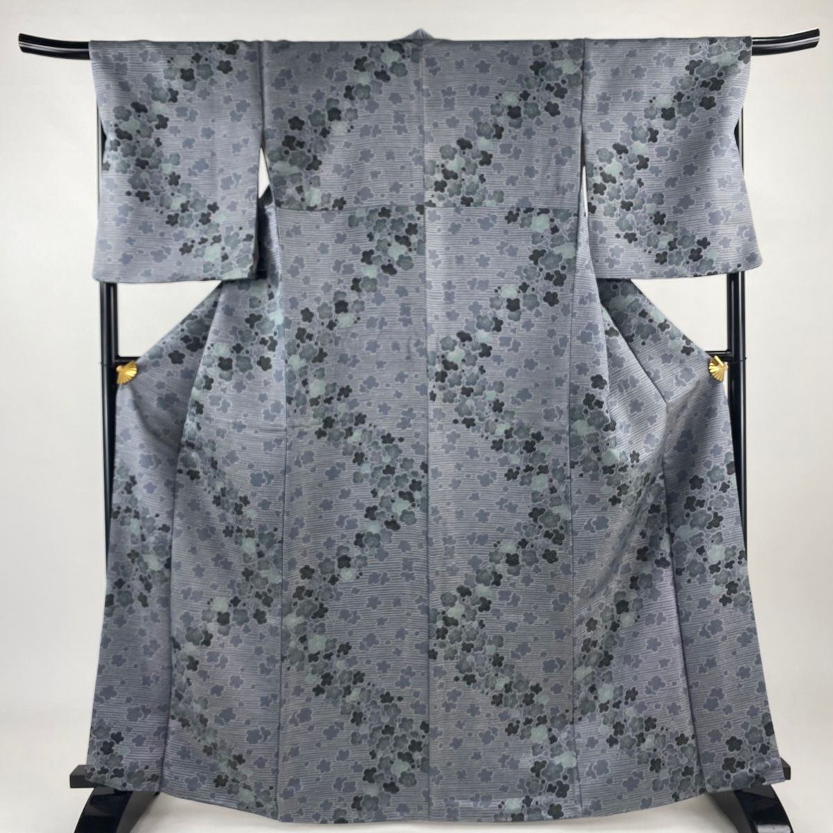 小紋 身丈163cm 裄丈68cm L 袷 梅 縞 金通し 灰色 正絹 名品
