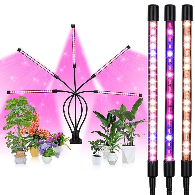 Hooha 植物育成ライト LED 植物ライト 5ヘッド 室内栽培ランプ 観葉植物育成ライト 50W 100LEDランプ 定時機能 (3H / 6H / 12H) 5段階調光 360調整可能 3つの照明パターン 水耕栽培ランプ 低消耗 省エネ 