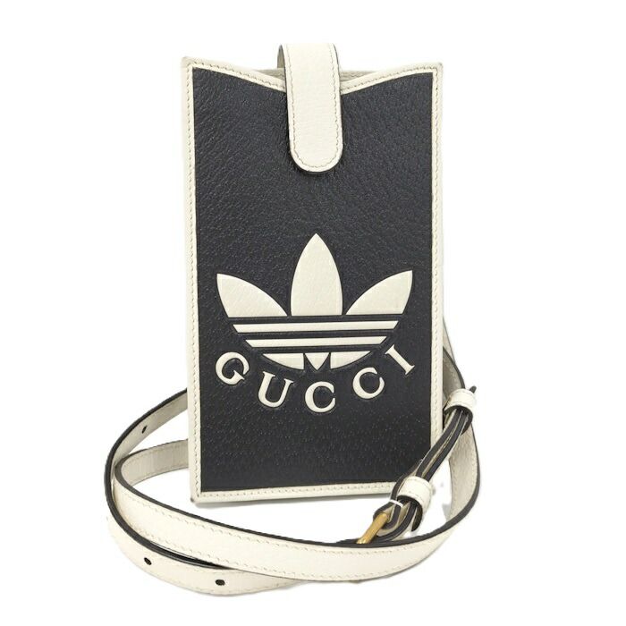 GUCCI × ADIDAS スマホショルダーバッグ レザー ブラック ホワイト 