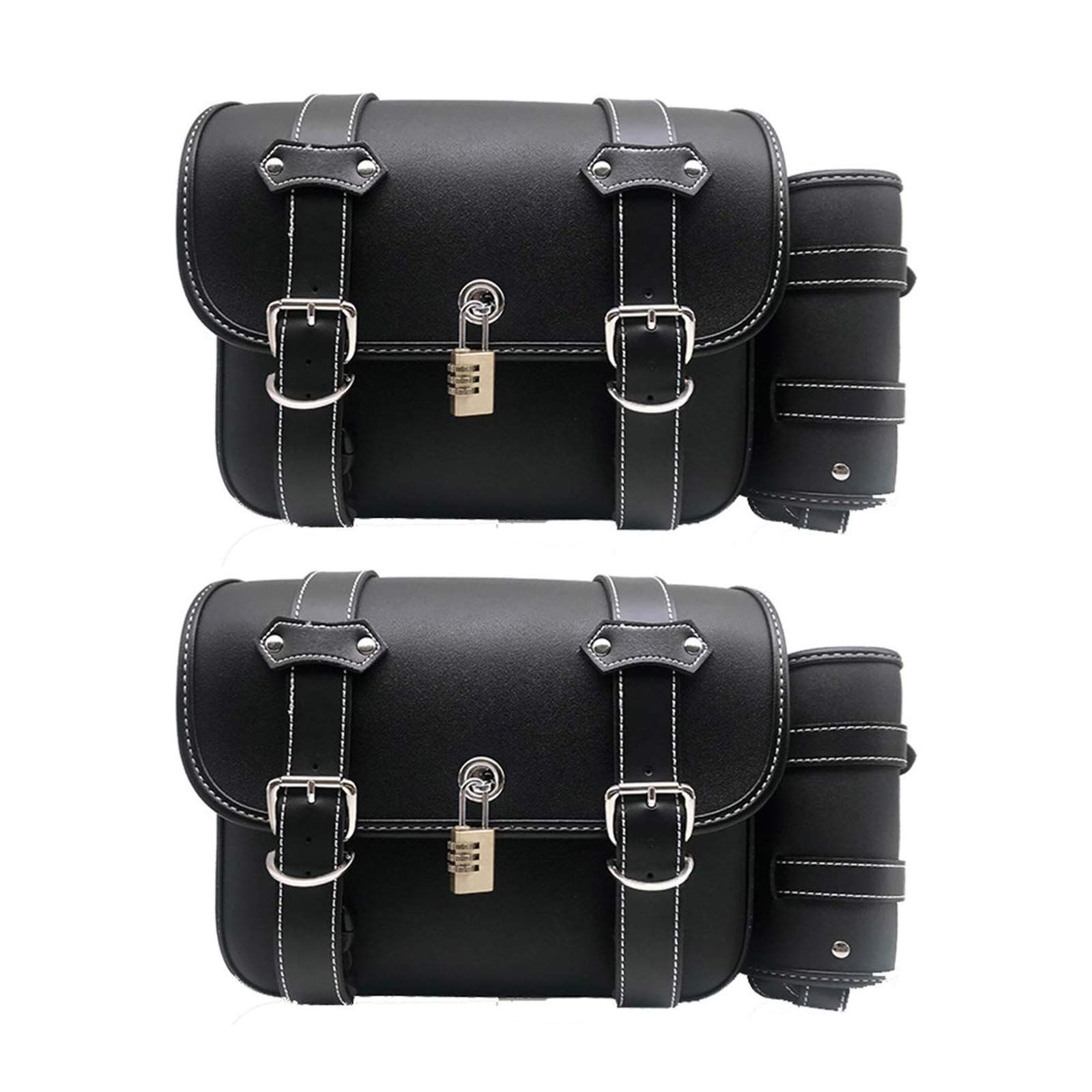ロキリフ バイク サイド バッグ ハーレー PU 南京錠 付き 左右2個セット 大容量 防水 鍵 ケース 小物入れ ツーリング アウトドア ベルト ブラック 大 3.ベルト 黒色 33x13x22cm 大 2個