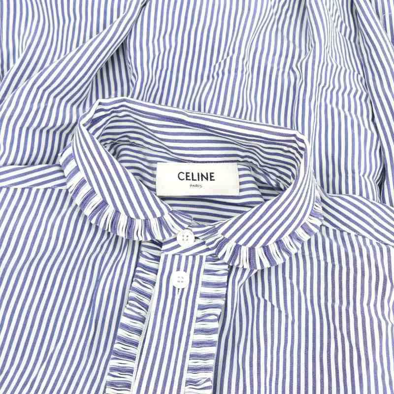 CELINE エディスリマン ストライプ 袖&襟フリルブラウス 34 CELINE エディスリマン ストライプ 袖&襟フリルブラウス 34