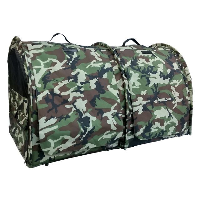 ペットアイ ポータブルケージ ダブル カモフラグリーン 2フロア 2ルーム ペットケージ 迷彩柄 収納ケース付き 犬猫用 おでかけ キャンプ 旅行 避難