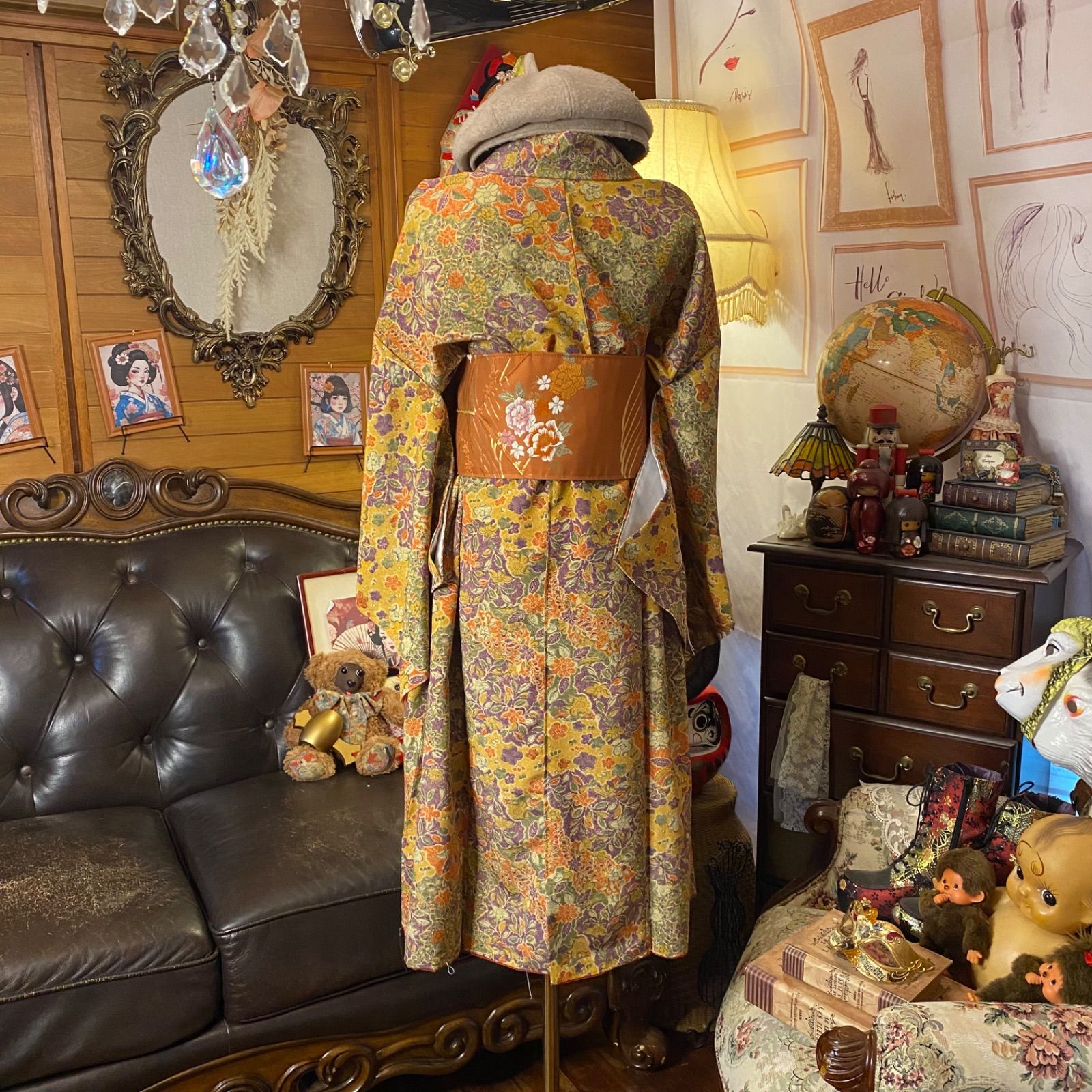 着物リメイクワンピース ドレス 洗える化繊 + 名古屋帯サッシュベルト 和洋折衷 レトロ 古着 ハンドメイド こっくりからし色の地に、葡萄紫・鶯みどり・柿色。 KW‑1105 着物リメイクワンピース ドレス 洗える化繊 + 名古屋帯サッシュベルト