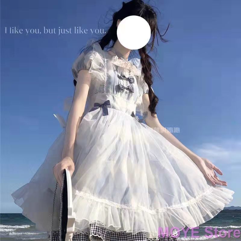 全 現貨 双子 Lolitaブルーチェック JSKロリータドレス 上品かわいい フリル リボンデザイン 短袖トップス カバー付きスカート ヘアバンド 甘ロリー 女子ファッション 大人 331
