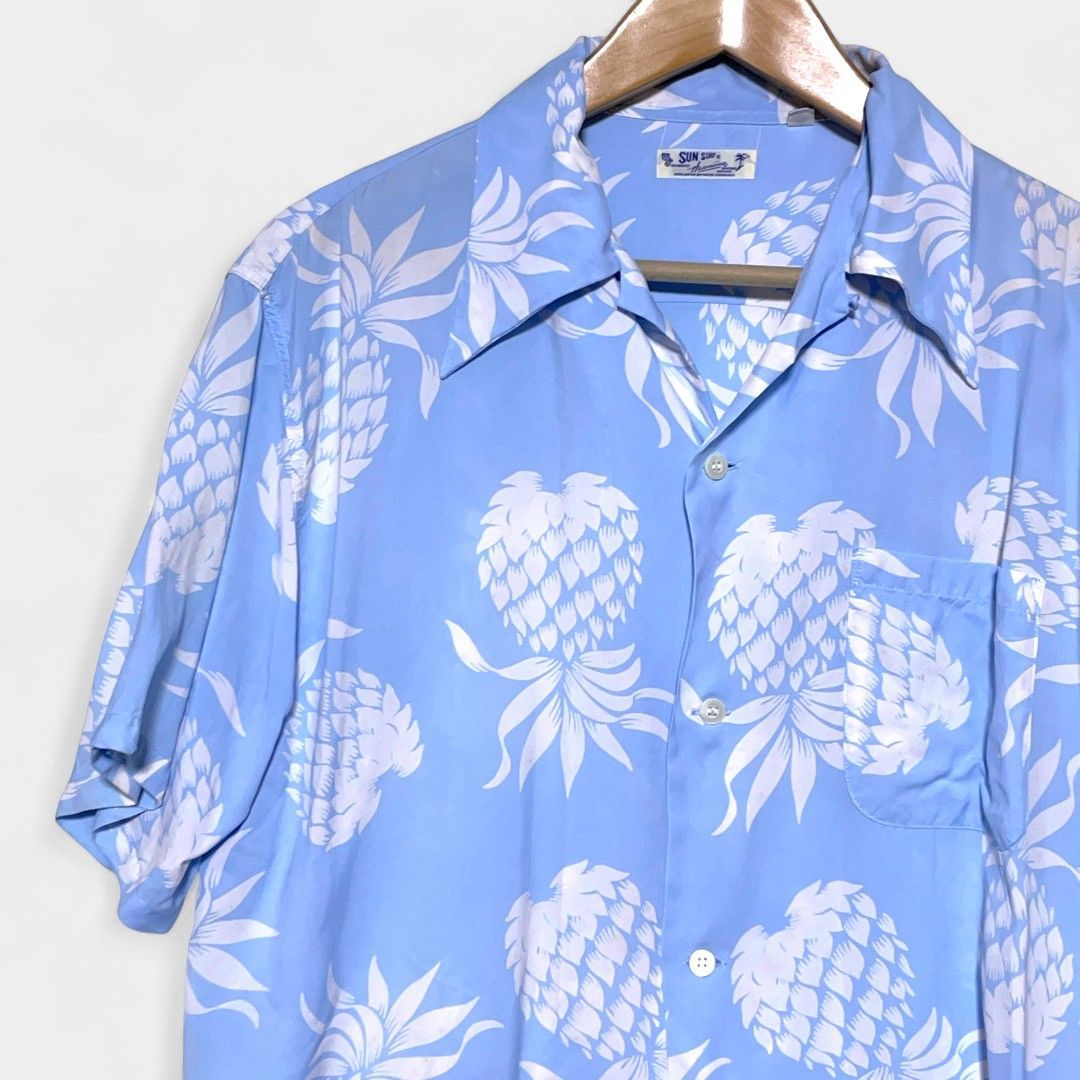 サンサーフ アロハシャツ パイナップル 総柄 水色 レーヨン