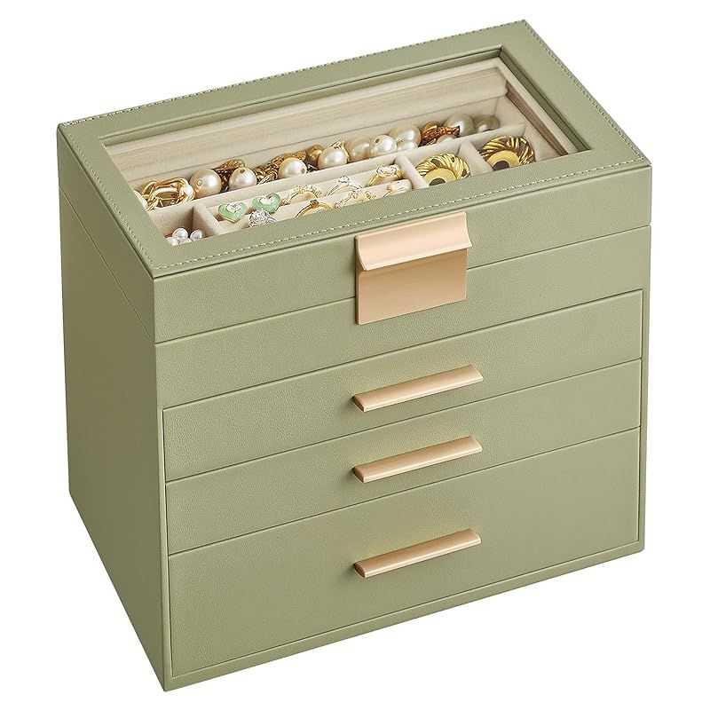 SONGMICS ジュエリーボックス 大容量 アクセサリーケース 4段式 引き出し 指輪、ブレスレット収納宝石箱 ガラス蓋 ギフト ピスタチオグリーン JBC161C02